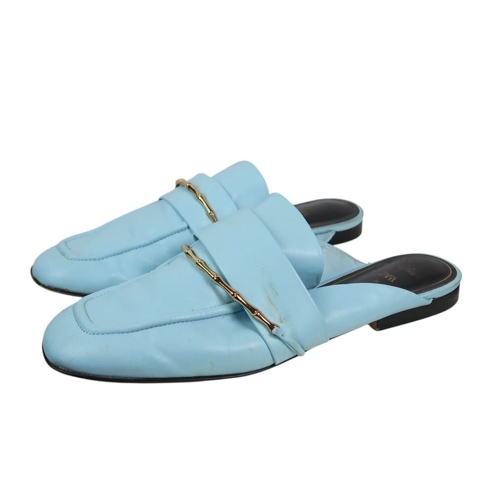 Zara Light Blue Leather Slip-On Loafer Mules Flats Size 39 - Picture 4 of 8